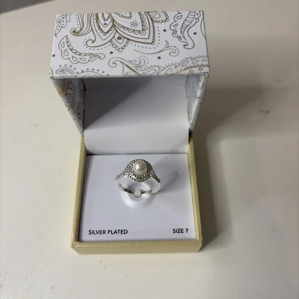 Charter Club Silver-Plated Crystal & Imitation Pearl Halo Ring - Size 7
